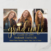 Carte Postale D'invitation À Feuilles D'aluminium Graduation Party Navy Blue 3 Photo Modern Script (Recto)