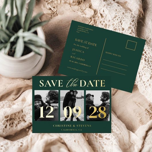 Carte Postale D'invitation À Feuilles D'aluminium Green Gold Script Wedding Enregistrer La Date Phot