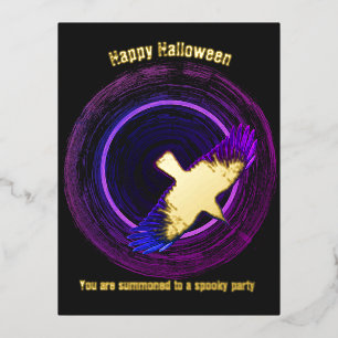 Carte Postale D'invitation À Feuilles D'aluminium Halloween du Corbeau noir et pourpre