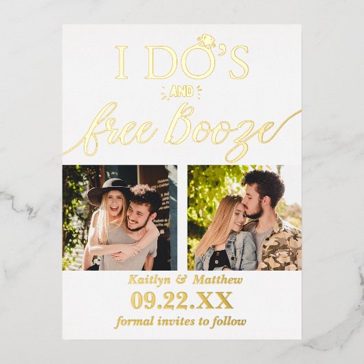 Carte Postale D'invitation À Feuilles D'aluminium I Do's & Free Booze Modern Wedding Enregistrer la (Recto)