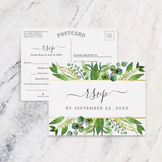 Carte Postale D'invitation À Feuilles D'aluminium La Collection Mariage Verdure & Or RSVP Real
