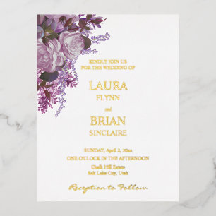 Carte Postale D'invitation À Feuilles D'aluminium Lavande, Roses et Lilacs, Mariage