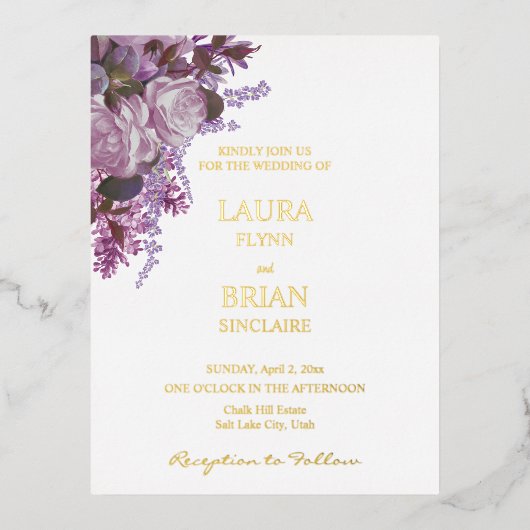 Carte Postale D'invitation À Feuilles D'aluminium Lavande, Roses et Lilacs, Mariage (Recto)