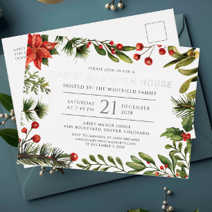 Carte Postale D'invitation À Feuilles D'aluminium Maison ouverte botanique argentée pour les fêtes d