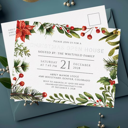 Carte Postale D'invitation À Feuilles D'aluminium Maison ouverte de Noël Botanique Argent