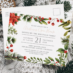 Carte Postale D'invitation À Feuilles D'aluminium Maison ouverte pour les fêtes de Noël Rose Gold Bo