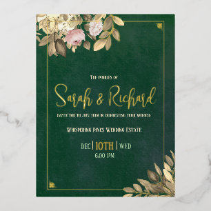 Carte Postale D'invitation À Feuilles D'aluminium Mariage au papier d'aluminium or et vert émeraude