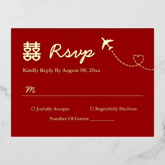 Carte Postale D'invitation À Feuilles D'aluminium Mariage de destination rouge double bonheur RSVP (Recto)