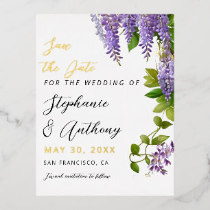 Carte Postale D'invitation À Feuilles D'aluminium Mariage de la glycine violette à pendaison botaniq