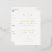 Carte Postale D'invitation À Feuilles D'aluminium Mariage de Monogramme Or Elegance Moderne (Recto/Verso)