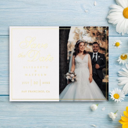 Carte Postale D'invitation À Feuilles D'aluminium Mariage D'Image Chic Moderne Enregistrer La Date