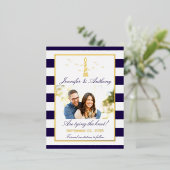 Carte Postale D'invitation À Feuilles D'aluminium Mariage du phare nautique Photo Enregistrer la dat (Debout devant)