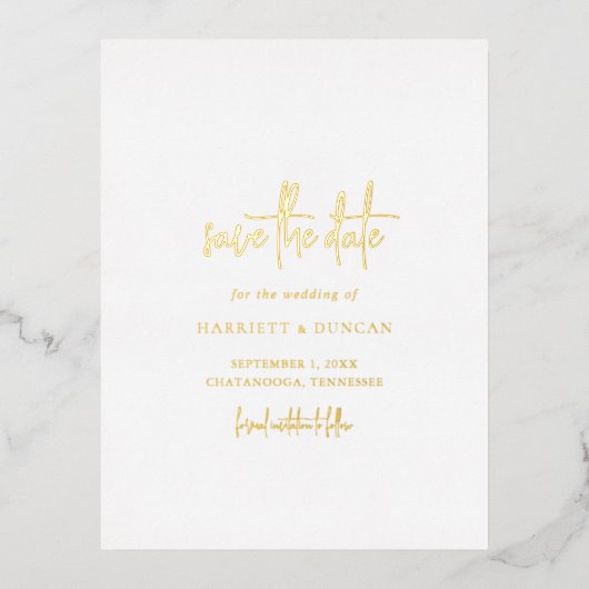Carte Postale D'invitation À Feuilles D'aluminium Mariage élégant et intemporel Enregistrer la date (Recto)