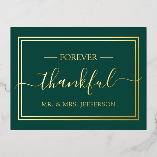 Carte Postale D'invitation À Feuilles D'aluminium Mariage moderne Emerald Green M. & Mme Merci (Recto)