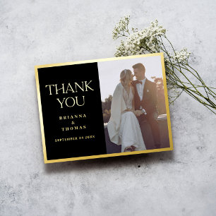 Carte Postale D'invitation À Feuilles D'aluminium Mariage photo en or noir simple Merci