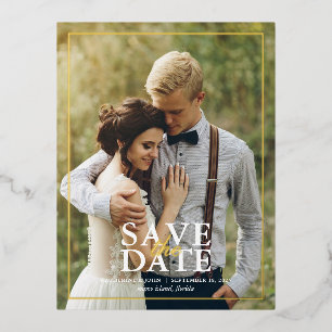 Carte Postale D'invitation À Feuilles D'aluminium Mariage photo moderne Enregistrer la date