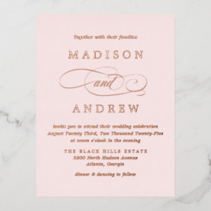 Carte Postale D'invitation À Feuilles D'aluminium Mariage Rose Poudré et Or Rose Adoré