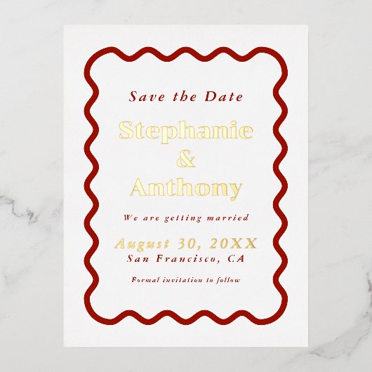 Carte Postale D'invitation À Feuilles D'aluminium Mariage Rouge Foncé aux Bords Ondulés Rétro 1950   (Recto)