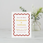 Carte Postale D'invitation À Feuilles D'aluminium Mariage Rouge Foncé Bord Ondulé Rétro 1950  (Debout devant)