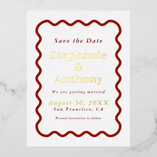 Carte Postale D'invitation À Feuilles D'aluminium Mariage Rouge Foncé Bord Ondulé Rétro 1950  (Recto)