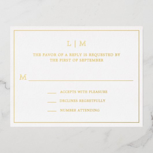 Carte Postale D'invitation À Feuilles D'aluminium Mariage simple Monogramme élégant RSVP (Recto)