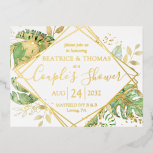 Carte Postale D'invitation À Feuilles D'aluminium Mariage Tropical Moderne Doré pour Couple