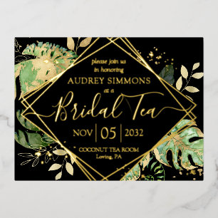 Carte Postale D'invitation À Feuilles D'aluminium Mariage Tropical Moderne Tea Shower Noir & Or