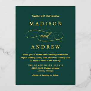 Carte Postale D'invitation À Feuilles D'aluminium Mariage vert émeraude et or adoré