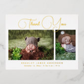 Carte Postale D'invitation À Feuilles D'aluminium Merci photo bébé Script moderne naissance (Recto)