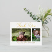 Carte Postale D'invitation À Feuilles D'aluminium Merci photo bébé Script moderne naissance (Debout devant)