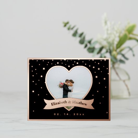 Carte Postale D'invitation À Feuilles D'aluminium Moderne Chic Élégant Photo Mariage Enregistrer La (Debout devant)