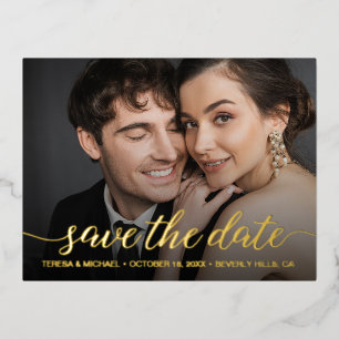 Carte Postale D'invitation À Feuilles D'aluminium Moderne Enregistrer la date Photo Mariage Gold