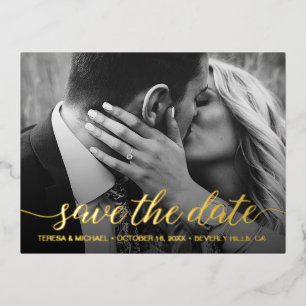 Carte Postale D'invitation À Feuilles D'aluminium Moderne Enregistrer la date Photo Mariage Gold