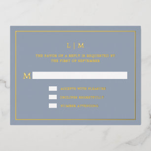 Carte Postale D'invitation À Feuilles D'aluminium Monogramme bleu foncé simple Mariage élégant RSVP