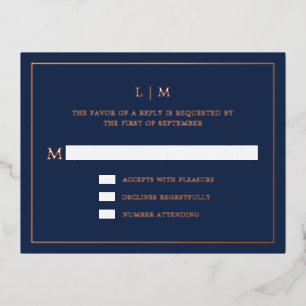 Carte Postale D'invitation À Feuilles D'aluminium Monogramme bleu marine simple Mariage élégant RSVP