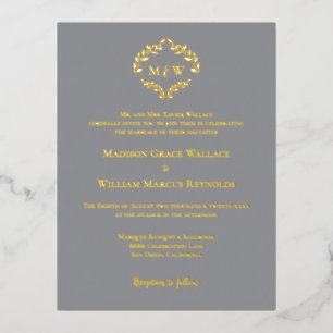 Carte Postale D'invitation À Feuilles D'aluminium Monogramme de couronne d'or élégant Mariage offici