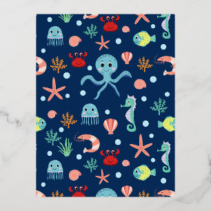 Carte Postale D'invitation À Feuilles D'aluminium Motif mignon de vie marine de l'océan