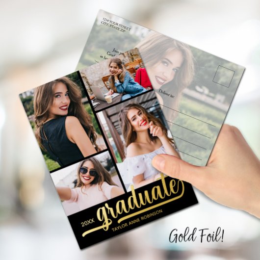Carte Postale D'invitation À Feuilles D'aluminium Multi Photo Graduation Party