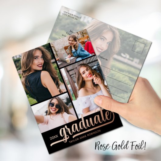 Carte Postale D'invitation À Feuilles D'aluminium Multi Photo Graduation Party