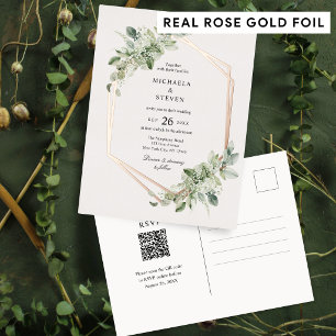 Carte Postale D'invitation À Feuilles D'aluminium Noces Géométriques Rustiques avec Vrai Rose Gold