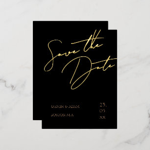 Carte Postale D'invitation À Feuilles D'aluminium Noir et Gold Script Wedding Enregistrer la date Or