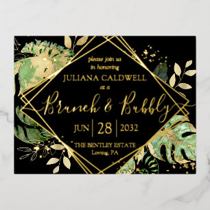 Carte Postale D'invitation À Feuilles D'aluminium Noir moderne Tropical Bridal Brunch & Bubbly Gold