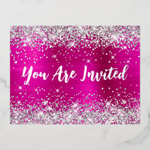 Carte Postale D'invitation À Feuilles D'aluminium Paillettes Argentées et Glamour Rose Chaud 70e Ann
