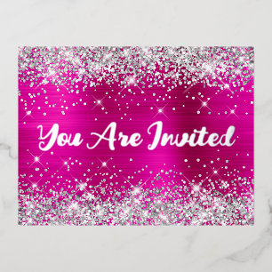 Carte Postale D'invitation À Feuilles D'aluminium Paillettes Argentées et Glamour Rose Chaud pour le
