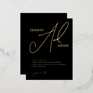 Carte Postale D'invitation À Feuilles D'aluminium Papier à lettres élégant noir et or monogramme de