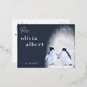 Carte Postale D'invitation À Feuilles D'aluminium Penguins Argent Hiver Élégant Mariage moderne RSVP (Recto/Verso)