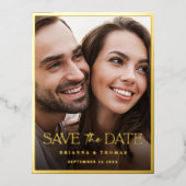 Carte Postale D'invitation À Feuilles D'aluminium Photo classique Enregistrer la date Mariage or (Recto)