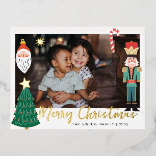 Carte Postale D'invitation À Feuilles D'aluminium Photo de famille mignon avec Père Noël en or de No