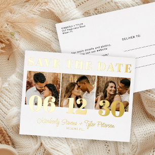 Carte Postale D'invitation À Feuilles D'aluminium Photo moderne audacieuse mariage date d'enregistre