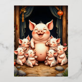 Carte Postale D'invitation À Feuilles D'aluminium  Pig Art – Mother & Piglets (Recto)